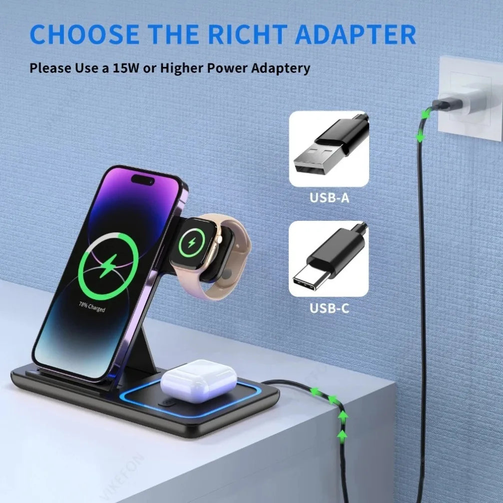 Station de Charge Sans Fil 3-en-1 Magnétique – Compatible iPhone, Apple Watch et AirPods