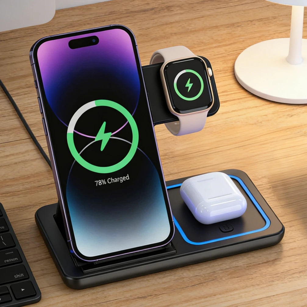 Station de Charge Sans Fil 3-en-1 Magnétique – Compatible iPhone, Apple Watch et AirPods
